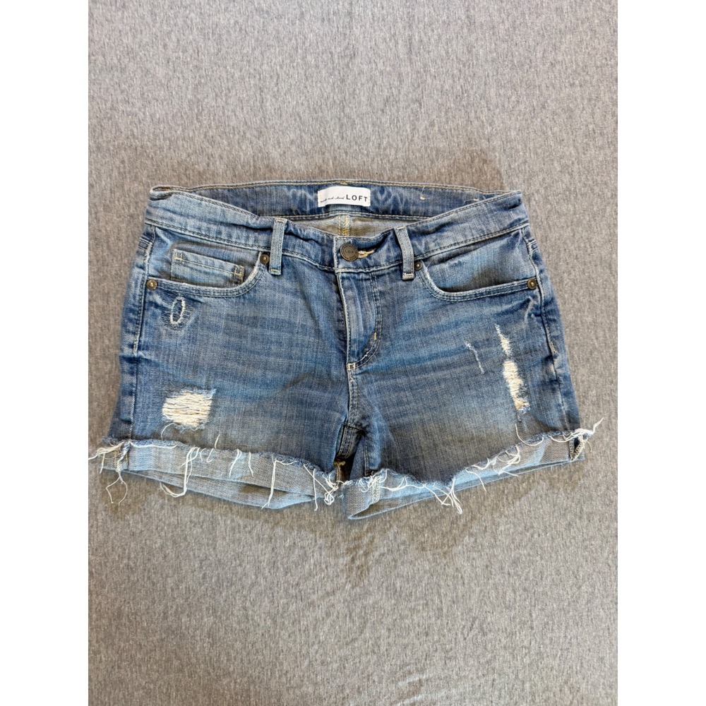 Loft Distressed Denim Shorts Medium Wash Frayed Hem Size 25 0 Petite 467996P